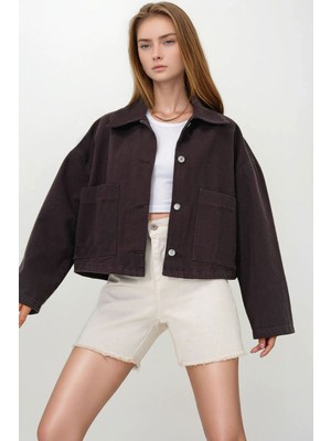 Lior Design Acı Kahve Torba Cepli Çoban Dikişli Crop Jean Ceket BCHNW-251180