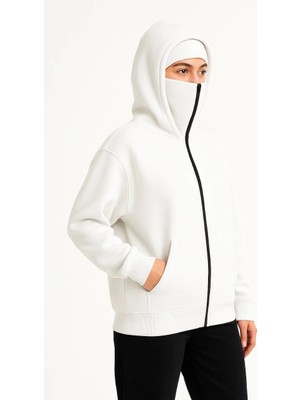 Kadın Samuray Ninja Çift Kapüşonlu Maske Detaylı Fermuarlı Kanguru Cepli Hoodie - Beyaz