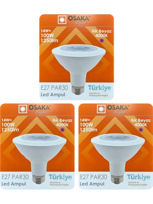 Avarson (3 Adet) Osaka 14W (100W) Ilık Beyaz (Günışığı) (4000K) E27 Duylu (Kalın Duy) LED PAR30 Ampul