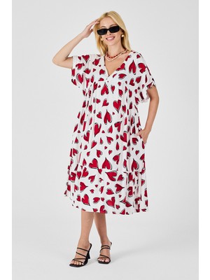 Lior Design Kırmızı-Beyaz V Yaka Oversize Kesim Desenli Çift Cepli Volanlı Elbise BCVL-254028