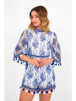 Lior Design Mavi Dik Yaka Sırt Dekolteli Içi Astarlı Püskül Detaylı Tül Tulum BCVL-251000TLM