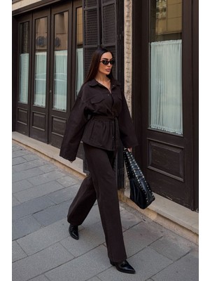 Lior Design Acı Kahve Beli Kuşaklı Ceket ve Pantolon Gabardin Takım BCDF-25DF4500