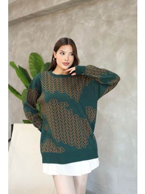 Lior Design Haki Bisiklet Yaka Desenli Triko Kazak BCES-252046