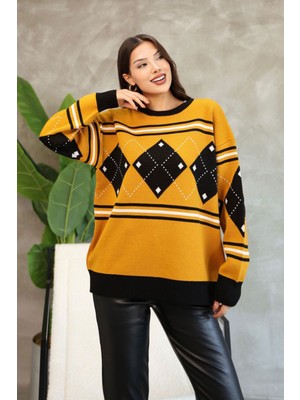 Lior Design Hardal Bisiklet Yaka Desenli Triko Kazak BCES-252015