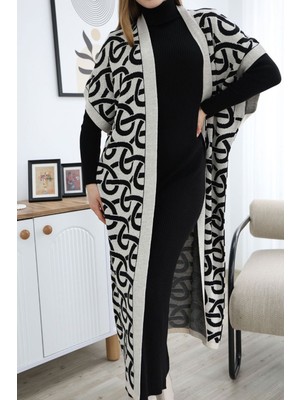 Lior Design Ekru Boğazlı Triko Elbise ve Uzun Desenli Hırka Alt Üst Takım BCES-252040