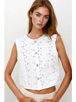 Lior Design Beyaz Bisiklet Yaka Güpür Yelek BCHESQ-251143