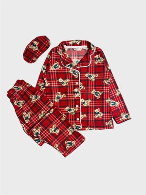 Aliş Kids Kız Çocuk Pamuklu Süet Kumaş Kırmızı Ayıcık Desenli Gömlek Yaka Göz Bantlı Pijama Takımı