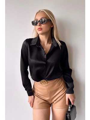 Lior Design Siyah Hafif Dökümlü Saten Yüzeyli Dokuma Gömlek BC231050