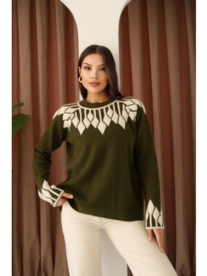 Lior Design Haki Bisiklet Yaka Desenli Triko Kazak BCES-253003