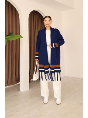 Lior Design Lacivert Püsküllü Renk Bloklu Uzun Triko Hırka BCES-253002