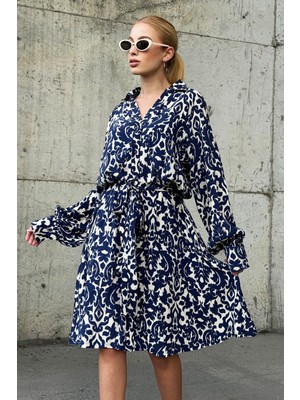 Lior Design Lacivert Gömlek Yaka Önü Düğmeli Kuşak Detaylı Dokuma Elbise BCHESQ-251061