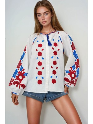 Lior Design Beyaz Hakim Yaka Balon Kol Nakışlı Dokuma Gömlek BCHESQ-251074