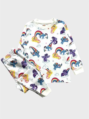 Elmas Kids Kız Çocuk %100 Pamuklu Beyaz Unıcorn Gökkuşağı Desenli Uzun Kollu Pijama Takımı