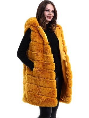Kadın Kapşonlu Peluş Kürk Yelek Premium Kalite, Tam Astarlı, Uzun Model - Sarı