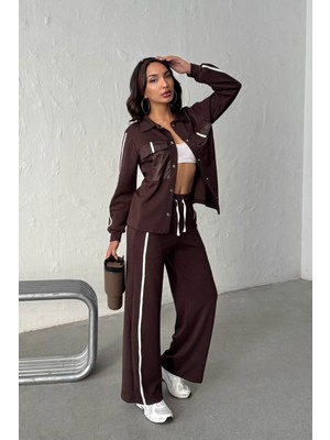 Lior Design Kahverengi Yumuşak Dokulu Biyeli Palazzo Pantolon ve Garnili Gömlek Alt Üst Takım BCHN-25261025