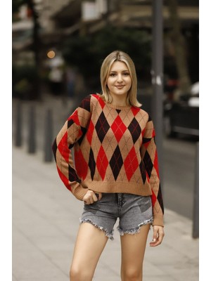 Lior Design Bisküvi Baklava Desenli Renk Bloklu Kışlık Triko Kazak BCES-253017