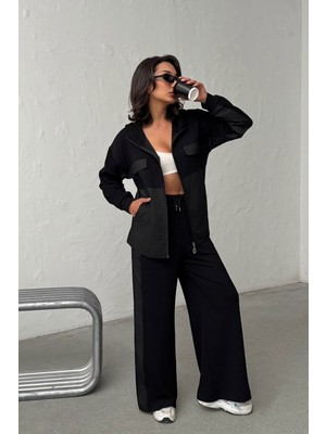 Lior Design Siyah Yumuşak Dokulu Garnili Kapüşonlu Sweatshirt ve Pantolon Alt Üst Takım BCHN-25261023