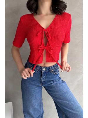 Lior Design Kırmızı V Yaka Önü Bağlamalı Gofre Crop Bluz BCDF-252169