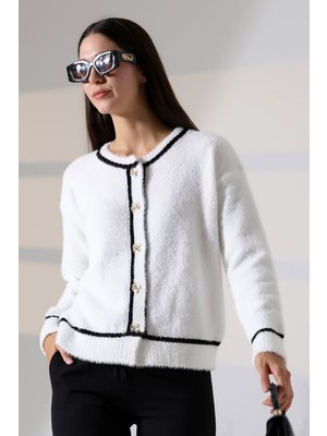 Lior Design Beyaz Çizgi Detaylı Yumuşak Dokulu Triko Hırka BCES-252029