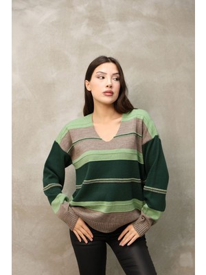 Lior Design Yeşil V Yaka Çizgi Bloklu Triko Kazak BCES-252018
