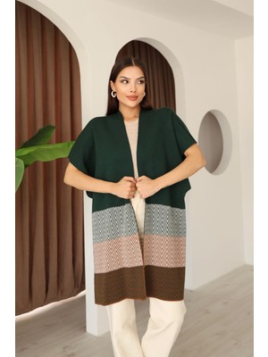 Lior Design Zümrüt Yeşili Zigzag Desenli Renk Bloklu Geniş Kesim Hırka BCES-253006