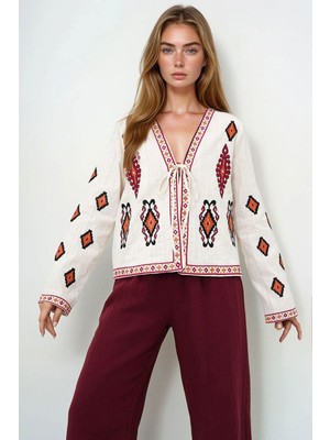 Lior Design Bej Etnik Desenli Önden Bağlamalı Yazlık Keten Ceket BCHESQ-251075