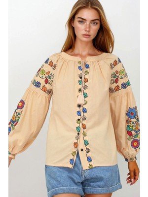 Lior Design Somon Hakim Yaka Püskül Bağcıklı Nakışlı Armürlü Dokuma Gömlek BCHESQ-251146