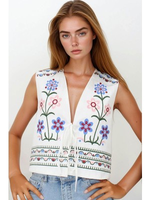 Lior Design Beyaz Nakışlı Bağcık Detaylı Tasarım Ham Keten Yelek BCHESQ-251144