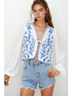 Lior Design Mavi Nakışlı Bağlamalı Ceten Crop Ceket BCHESQ-251140