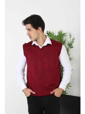 Erkek V Yaka Kolsuz Süveter Triko Kazak Yumuşak Dokulu Pamuklu Ince Dokuma Rahat Regular Kalıp - Bordo