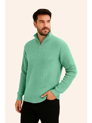 Erkek Yarım Fermuarlı Triko Kazak – Selanik Örgü, Dik Yaka, Pamuklu Dokuma, Regular Fit Uzun Kollu Kışlık Model - Mint Yeşili