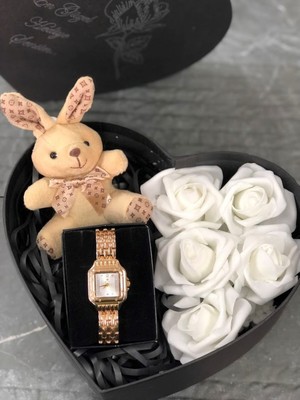 UltraMint Kalpli Kutu Içinde Saat ve Ayıcık Anahtarlık Sevgililer Günü Hediye Seti