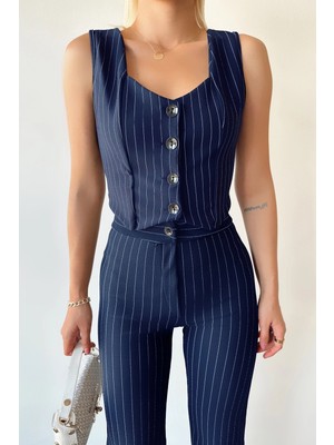 Lior Design Lacivert V Yaka Düğmeli Çizgili Crop Yelek BCTL-233395