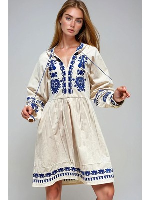 Lior Design Taş V Yaka Nakışlı Ham Keten Elbise BCHESQ-251055