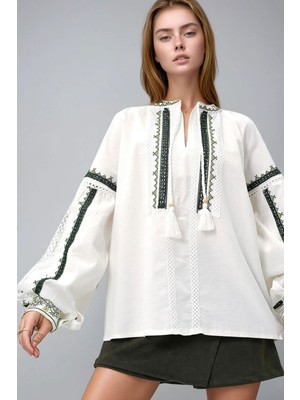 Lior Design Ekru Balon Kol Nakışlı Ham Keten Bluz BCHESQ-251066