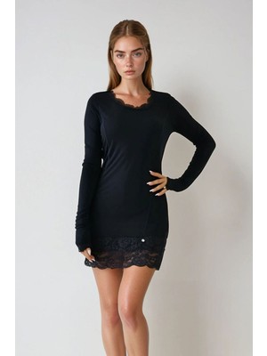 Lior Design Siyah U Yaka Dantel Detaylı Uzun Kollu Mini Elbise BCHPK-251210