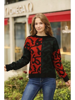 Lior Design Kırmızı Renk Bloklu Desenli Kışlık Triko Kazak BCES-253014