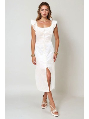 Lior Design Beyaz Madonna Yaka Nakış Işlemeli Içi Astarlı Dokuma Elbise BCHESQ-251052