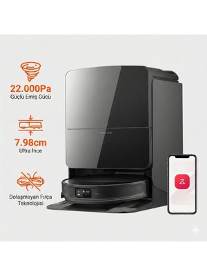 Roborock Halıda Mop Kaldıran ve Kendi Paspasını Yıkayıp Kurutan Robot Süpürge 22.000 Pa Dev Emiş Gücü Dolaşmayan Çift Fırça ve Köşe Bucak Temizleyen Akıllı Kol