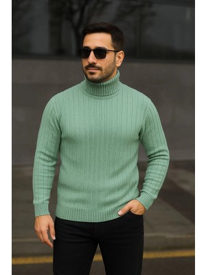 Tarz Yeri Erkek Balıkcı Yaka Bağazlı Triko Kazak Pamuklu Kalın Fitilli Dokuma, Regular Fit Uzun Kollu Kışlık Model - Mint Yeşili