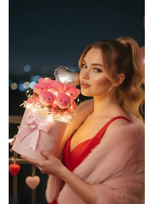 UltraMint Pembe Kutuda LED Işıklı Balonlu 6’lı Ayıcık Buketi Sevgiliye Hediye