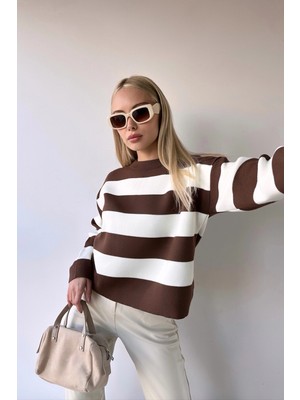 Lior Design Kahverengi Bisiklet Yaka Çizgili Yumuşak Dokulu Basic Triko Kazak BC231035