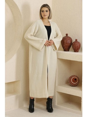 Lior Design Ekru Duble Kol Uzun Tesettür Triko Hırka BCES-253000