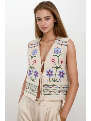 Lior Design Krem Nakışlı Bağcık Detaylı Tasarım Ham Keten Yelek BCHESQ-251144