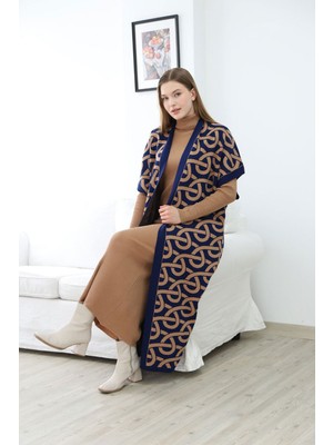 Lior Design Bisküvi Boğazlı Triko Elbise ve Uzun Desenli Hırka Alt Üst Takım BCES-252040