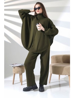 Lior Design Haki Boğazlı Salaş Kesim Kazak ve Fit Pantolon Alt Üst Triko Takım BCES-252033