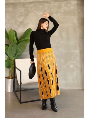 Lior Design Hardal Dik Yaka Etek Görünümlü Tek Parça Desenli Triko Elbise BCES-252020