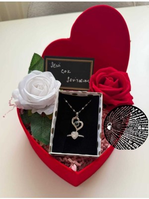 UltraMint Kırmızı Kalpli Kutu Çelik Kolye ve Yüzük Seti Sevgililer Günü Hediye