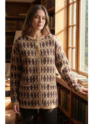 Lior Design Bej Baklava Desenli Düğmeli Cepli Triko Hırka BCHPK-251254