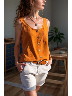 Lior Design Kiremit Askılı Düğmeli Keten Bluz BCBSK-25700-2910